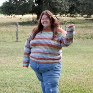 Haptics Blue Green Purple Chunky Fuzzy Knit Woven Crewneck Sweater
